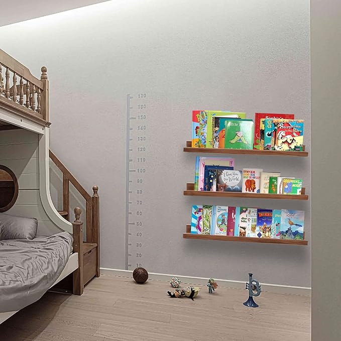 AZSKY Floating Photo Shelves Fair Light Walnut 24 Inch Picture Ledge for Storage Wall Book Shelves Hanging Picture Photo Frame Ledge Shelves with Lip a Set of 3 Same Sizes Kitchen Spice Rack