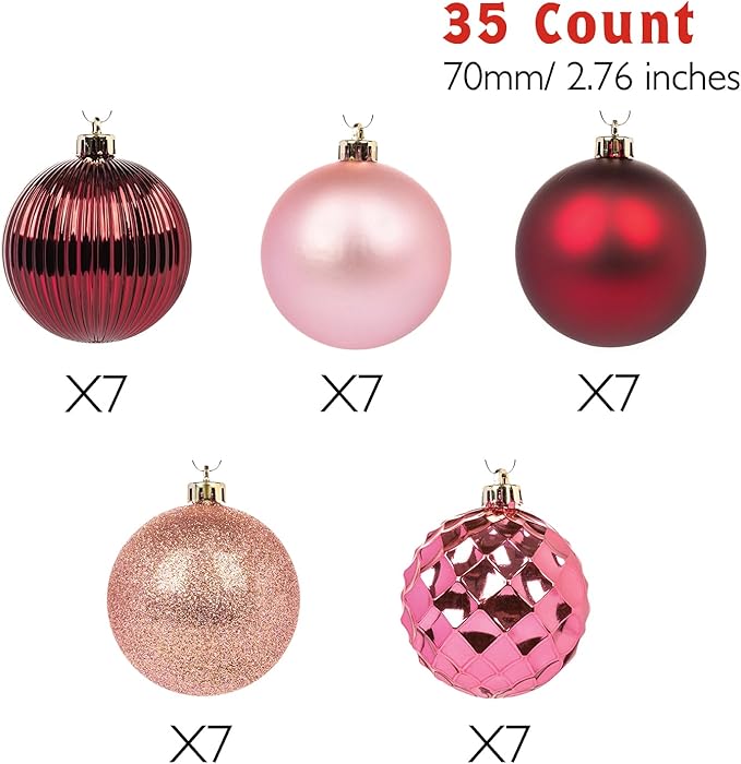 Every Day is Christmas Ornaments, Shatterproof Christmas Tree Ornament Set, Christmas Balls Decoration 35 Count (2.75"/70mm, Pink Rose)