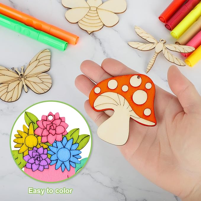 80PCS Wooden Spring Ornaments to Paint, 8 Styles DIY Blank Unfinished Wood Cutouts Ornament for Home Crafts Hanging Decorations, Insect Dragonfly Butterfly Snail Watering Can Mushroom Flower Shape