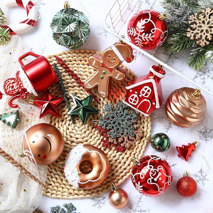 Gingerbread Man Christmas Tree Ball Ornaments Set - 72 ct Red Green Copper Gold Plastic Shatterproof Hanging Ornaments for Xmas Tree Indoor Outdoor Holiday Party Decorations