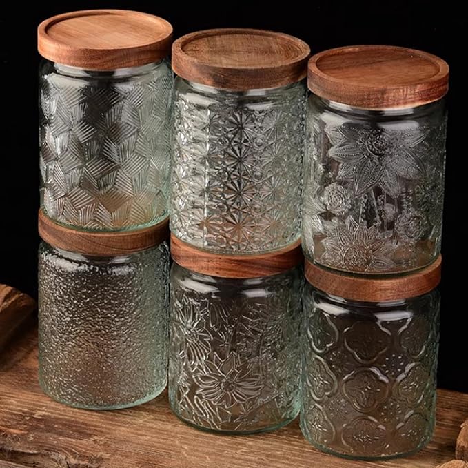 Vintage Glass Jars with Wooden Lids, 6 Pack 24 oz Airtight Glass Food Storage Containers Sets for the Kitchen, Sugar Coffee Candy Spice Cookie Tea Pasta
