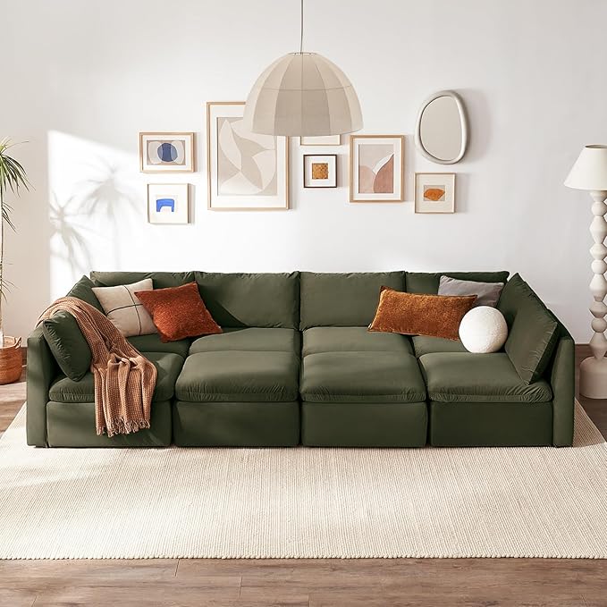 mopio Oversized Modular Sectional Sofa with Fully Removable Covers and Storage, Convertible U, L-Shaped and Sleeper Sectional, Modern Couches with Ottoman Chaise (Olive Green Velvet, 8 Seats, Sleeper)