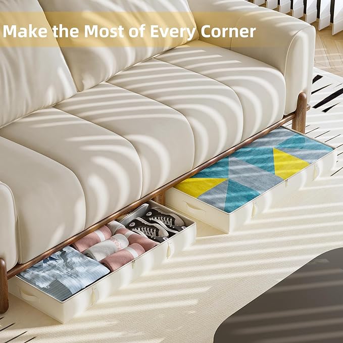 2-Pack Under Bed Storage, 6 Inches Tall Closet Organizers and Storage Bins with Sturdy Sidewalls/Bottom/4 Handles, Beige