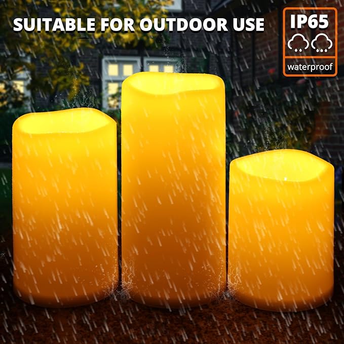 NURADA Large Outdoor Flameless Candles 6" 8" 10" x 5" - Waterproof LED Pillar Flickering Candle Battery Operated with Timer Remote for Patio Porch Lanterns - Ivory White Set of 3