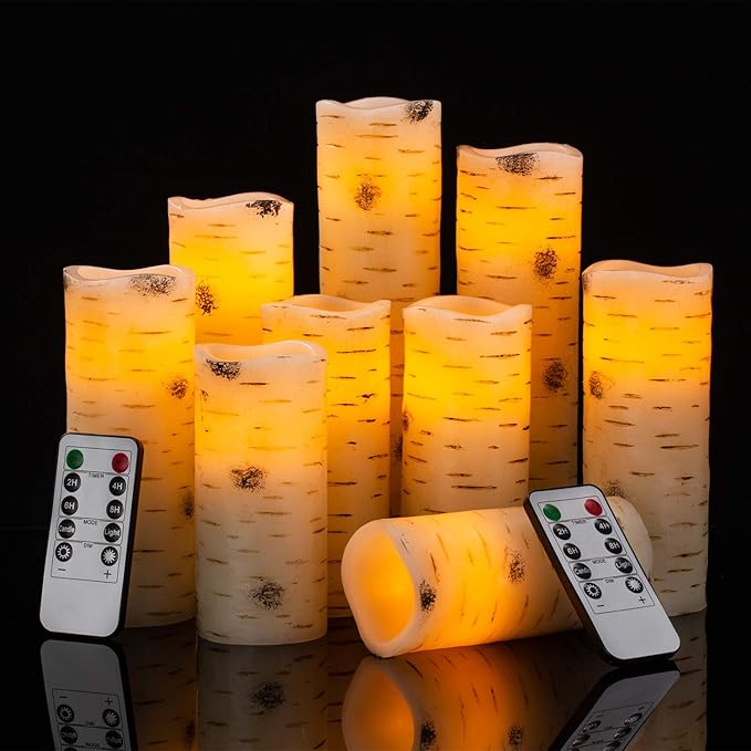 Flameless Flickering LED Candles with Birch Bark Effect - Set of 9 Battery-Operated Real Wax Pillar Candles with 10-Key Remote Control - 2/4/6/8 Hour Timer