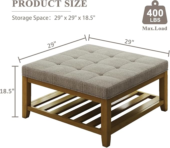Large Square Ottoman Coffee Table, Linen Solid Upholstered Footrest Ottoman with Solid Wood Shelf Storage Tufted Coffee Table for Bedroom Living Room, Linen