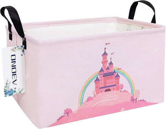 Rectangular Folding Laundry Basket,waterproof Canvas Basket,gift basket,Suitable for children's room,Office,Clothes,Toys Storage(Pink Castle)