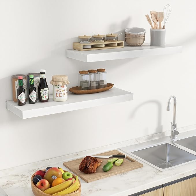 Fun Memories Floating Shelves for Wall, 32 Inch Long Floating Shelves Set of 2, 32 x 10 Wooden Shelves for Wall, Large Storage Shelves, Hanging Shelves for Bathroom Kitchen Bedroom, White