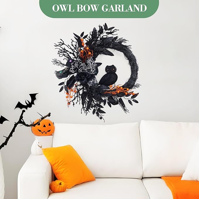 20 Inch Halloween Owl Wreath for Front Door - Gothic Garland with Natural Vines & Black Roses, Outdoor Indoor Decor for Porch, Wall, Window, Party Home Decor