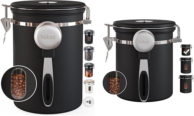 Veken Coffee Canister with Window, Airtight Stainless Steel Kitchen Food Storage Container with Date Tracker and Scoop for Grounds Coffee, Beans, Tea, Flour, Cereal, Sugar, 22&16OZ,Black