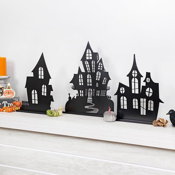 AuldHome Design Spooky Halloween House Village Silhouettes (Set of 3); Scary Haunted House Wood Statue Figurines Centerpiece Set
