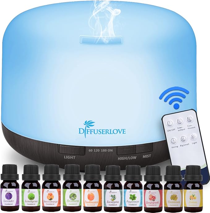 Diffuserlove Essential Oil Diffuser 500ML Aromatherapy Diffuser Mist Humidifiers 7 Color LED Lights Diffusers for Home Office Bedroom (Size:6.7" L x 6.7" W x 4.7" H)