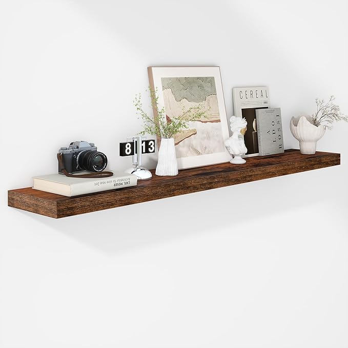 Fun Memories 55 Inch Floating Shelves - 9 Inch Deep Rustic Wooden Wall Shelves - Extra Deeper & Thicker Wall Mounted Storage Shelf for Living Room, Kitchen, Farmhouse - 55" W x 9" D x 1.8" H - Brown