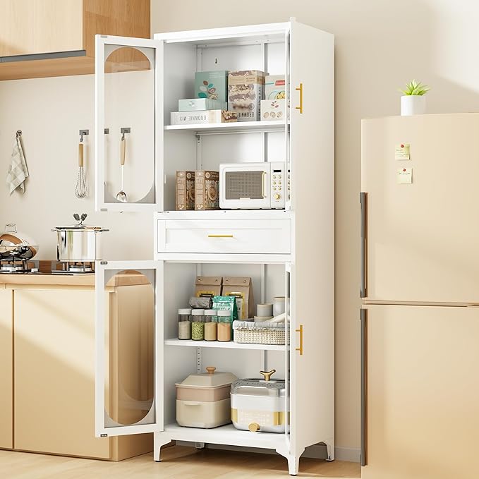 75” Tall Kitchen Pantry Storage Cabinet, Metal Storage Cabinet with 1 Drawer and Adjustable Shelves, Kitchen Pantry Cupboard, Freestanding Cupboard for Bathroom (White-4 Doors and 1 Drawer)