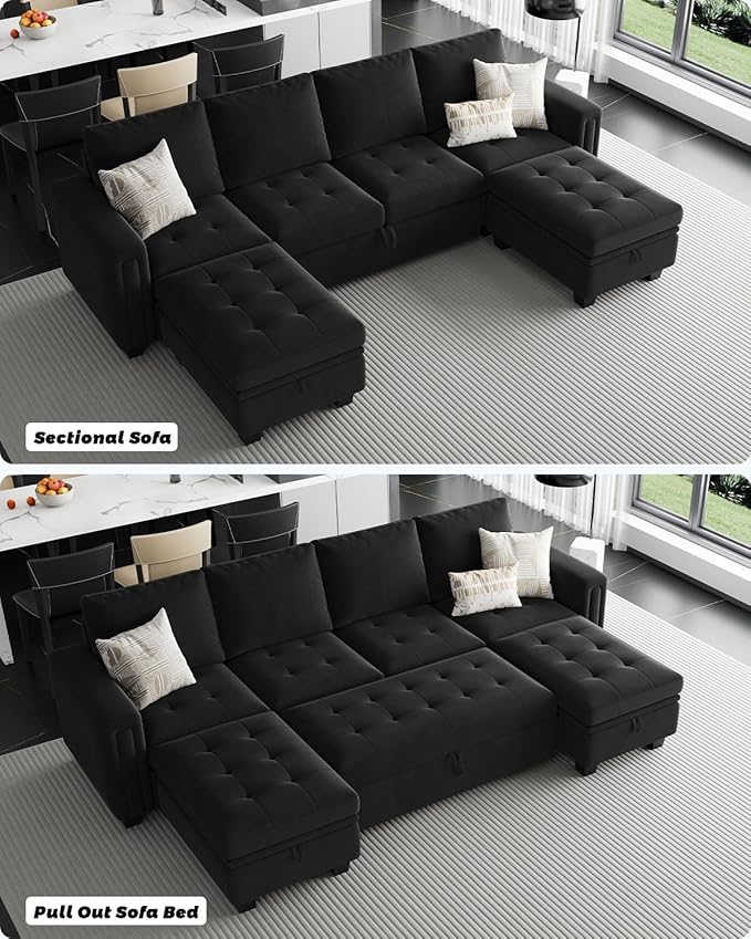 Belffin Modular Sectional Sleeper Sofa with Pull Out Bed Velvet Convertible U Shaped Sectional Sofa Couch with Storage Chaises for Living Room Black