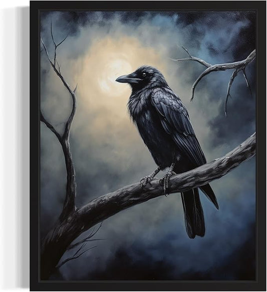 Crow under the Moonlight Poster Art Print, Halloween Scary Vintage Wall Art Academia Spooky Painting Decoration for Horror Prints, Gothic Posters Bedroom Decor 89 (Crow under the Moonlight, 11 x 14 inches, Black Frame)