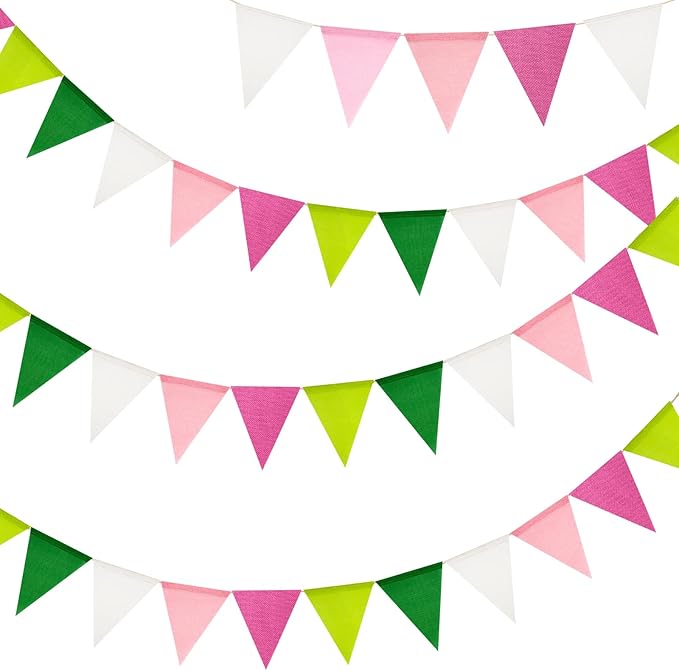 G2PLUS Pre-Strung Burlap Pennant Banners, 39Ft Pink and Green Fabric Triangle Flag Bunting, 36Pcs Pennant Banner Flags Garland for Birthday, Holidays and Theme Party Decorations