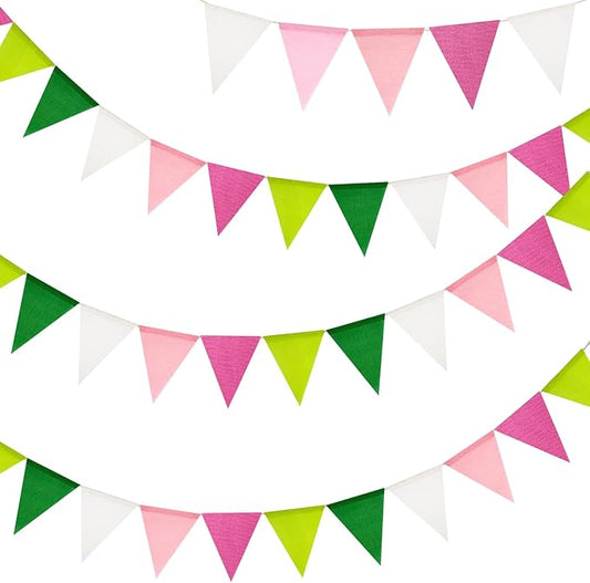 G2PLUS Pre-Strung Burlap Pennant Banners, 39Ft Pink and Green Fabric Triangle Flag Bunting, 36Pcs Pennant Banner Flags Garland for Birthday, Holidays and Theme Party Decorations