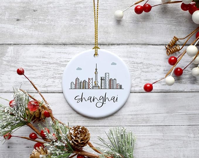 Andaz Press Round Ceramic Porcelain Christmas Tree Ornament Keepsake Gift, Shanghai, Colorful International City Skyline Graphic, 1-Pack, Birthday Ideas Family Coworker Him Her, Gift Box