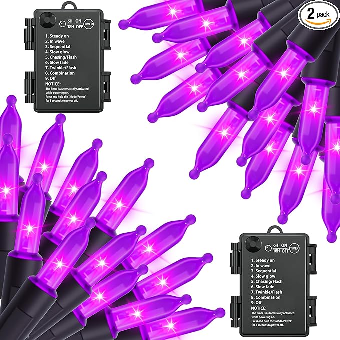 Halloween Purple Lights Decorations, 2 Pack 17FT 100 LED Mini Fairy Lights Battery Operated with 8 Modes Timer Waterproof for Indoor Outdoor Use, Patio Tree Holiday Party Halloween Decor