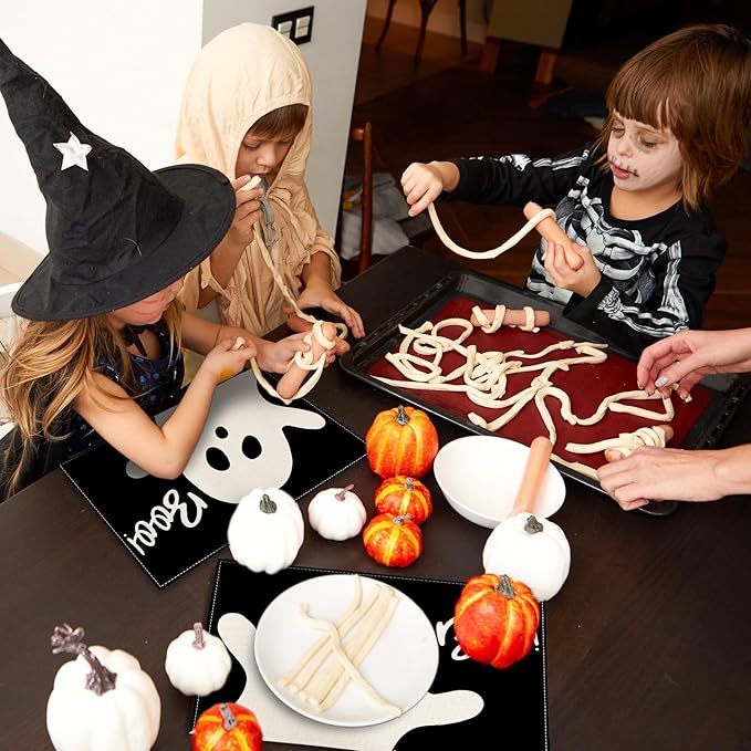 Halloween Ghost Placemats Black Cute Ghost Boo Table Mats 12 x 18 Inch Trick or Treat Kitchen Place Mats for Party Home Dining Table Decoration, Set of 4