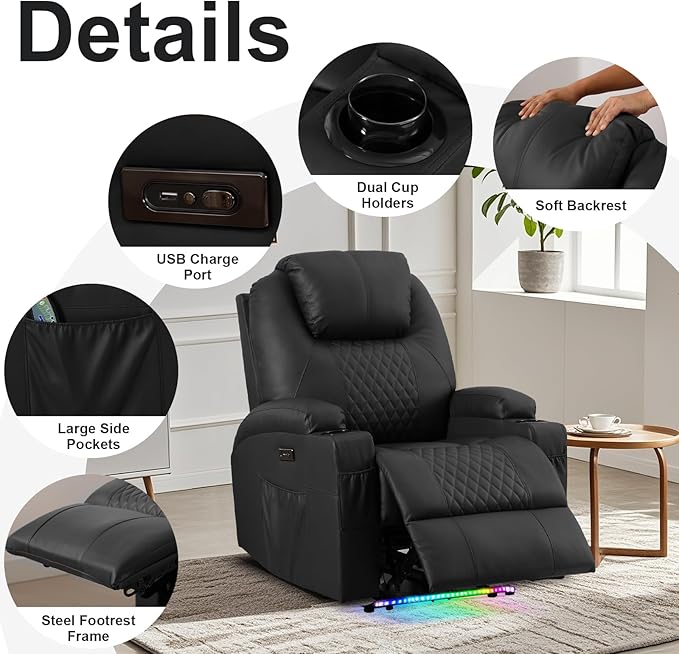 AHMED Power Recliner Chair with Vibration Massage & Heat for Adults, Faux Leather Home Theater Seating with Cup Holders/LED Lights/USB Ports/Side Pockets for Living Room, Black