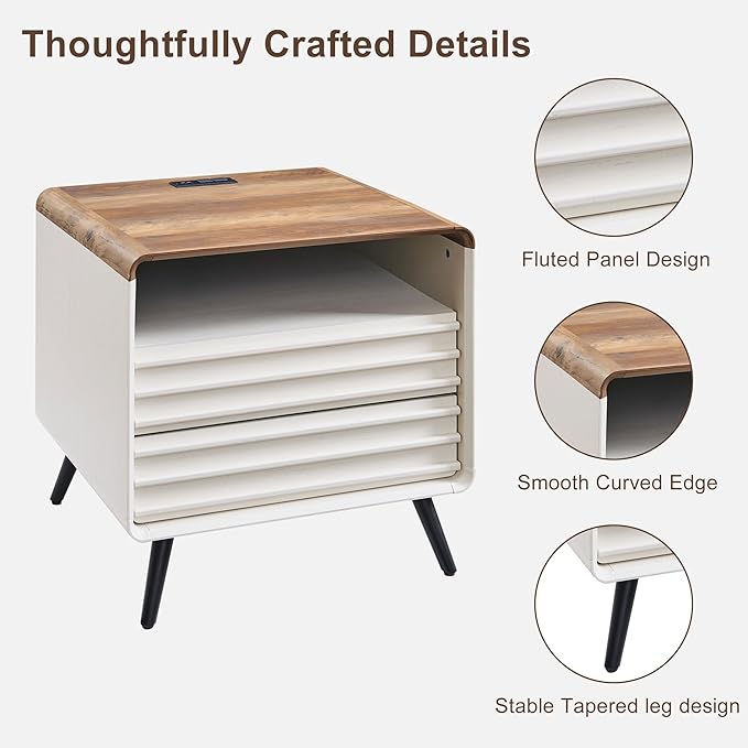RedLemon 24" Nightstand Set of 2 with Charger Station, Mid Century Modern Fluted End Table with 2 Drawers，Wooden Side Table with Open Cubby Storage for Living Room, Bedroom, Office (Antuique White)