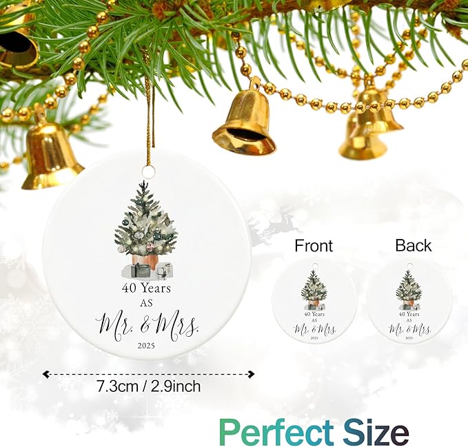 40th Anniversary Ornament Gifts for Parents,Couple, 40th Wedding Anniversary for 40 Year as Mr and Mrs Gifts, Ceramic Keepsake 40th Anniversary Christmas Ornaments with Ribbon and Box