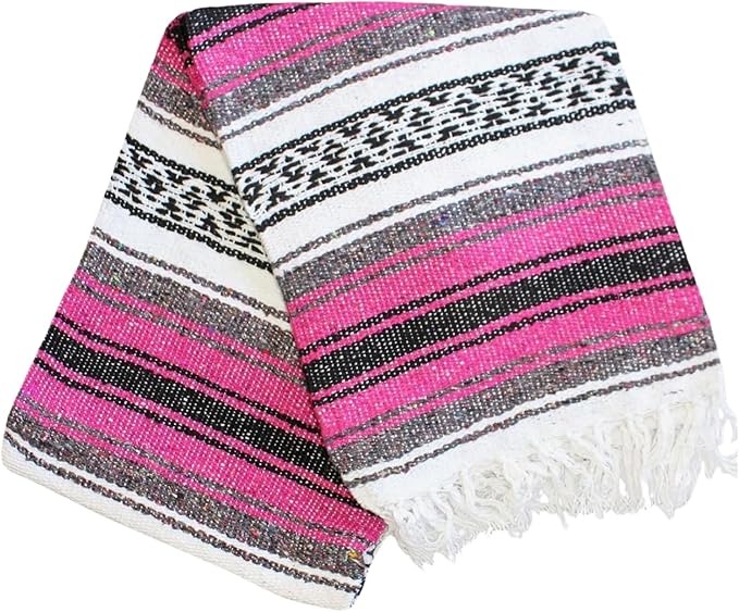 Del Mex Classic Mexican Blanket, Large Authentic Woven Falsa Throw (70"x50"), Artisan Southwest Décor for Beach, Yoga, Outdoors (Hot Pink/Fuchsia)