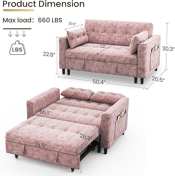 3 in 1 Convertible Sleeper Sofa Bed, Pull Out Couch Bed with Adjustable Backrest, Chenille Loveseat Couches with Side Pocket for Living Room, Bedroom (Pink)