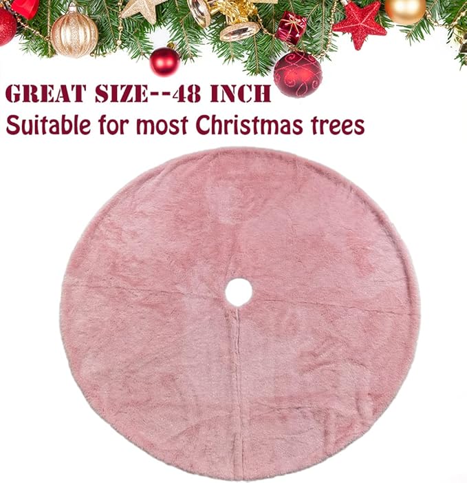 AOGU 48 Inch Faux Fur Christmas Tree Skirt Pink Shiny Plush Skirt for Merry Christmas Party Christmas Tree Decoration
