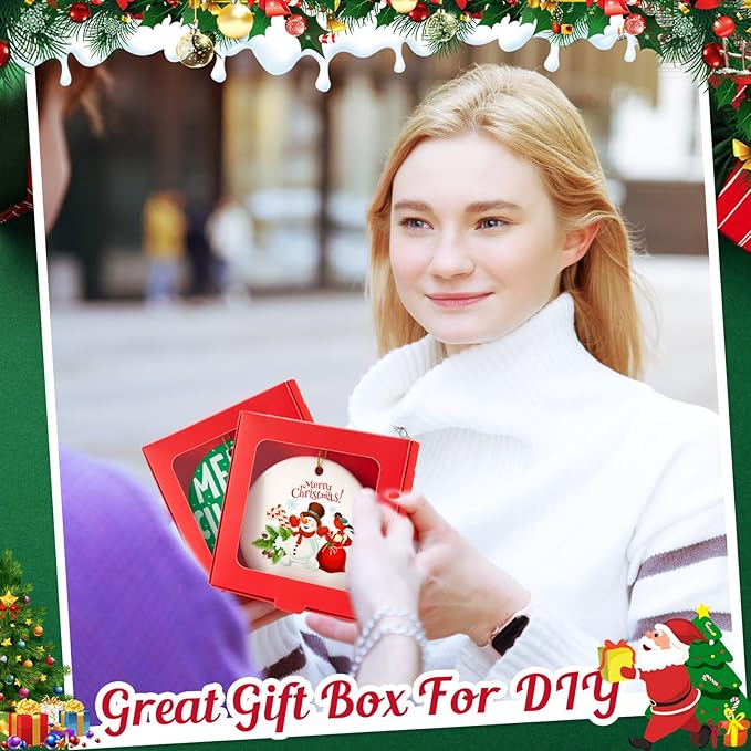 25 Pcs Sublimation Ornament Blanks Box 3.6"x3.6"x0.7" Christmas Ornaments Holder Ceramic Discs Packaging Box with Window for Personalized Xmas Tree Blanks Bulk (Red)