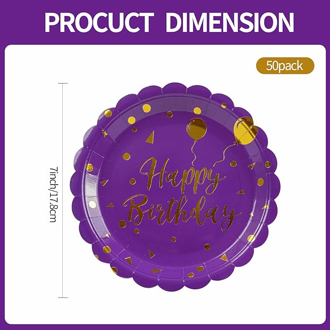 50PCS Purple Birthday Party Plates Decorations, 7 Inch Scalloped Purple and Gold Paper Plates Disposable Happy Birthday Dessert Cake Plate Party Supplies for Birthday's Decorations