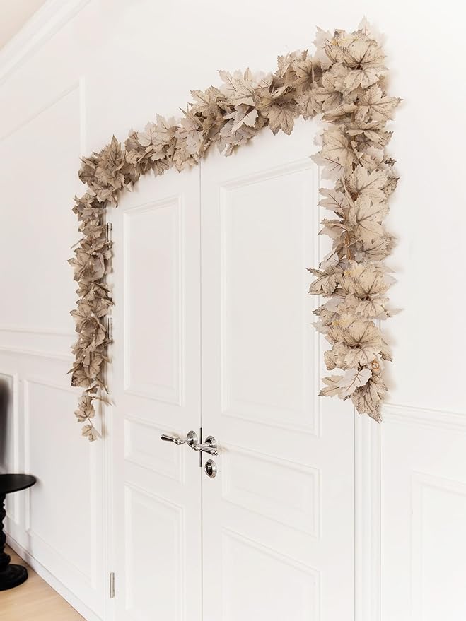6PCS Beige Fall Maple Leaves Garland, 5.6Ft Artificial Maple Leaf Autumn Garland Hanging Fall Vines Table Decorations Front Door Fall Decor Thanksgiving Decorations Decor Outside Indoor Decor