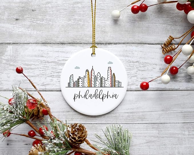 Andaz Press Round Ceramic Porcelain Christmas Tree Ornament Keepsake Gift, Philadelphia, Colorful City Skyline Graphic, 1-Pack, Birthday Ideas Family Coworker Him Her, Includes Gift Box