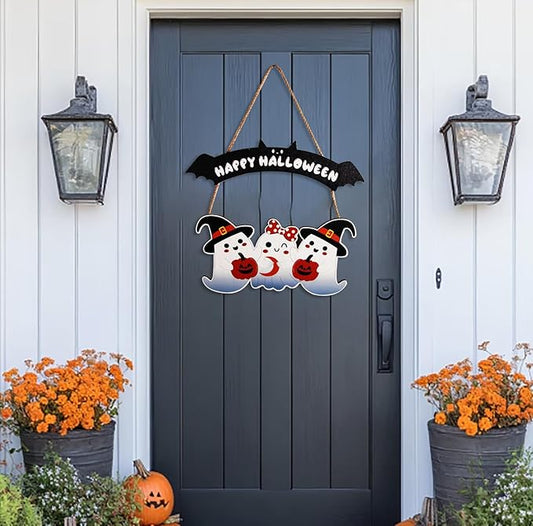 Happy Halloween Wooden Decoration Hanging Plaque Outdoor Wall 2 Pieces Cute Art Sign Wreaths with Ghost Bat Pattern for Home Wall Decor Halloween Party Outdoor Indoor