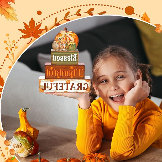 4 Pcs Fall Thanksgiving Decor for Home Thanks Pumpkin Wooden Signs with Blessed Autumn Tiered Tray Decor Give Thanks Tabletop Centerpiece Grateful Block Signs for Fall Office Kitchen Shelf