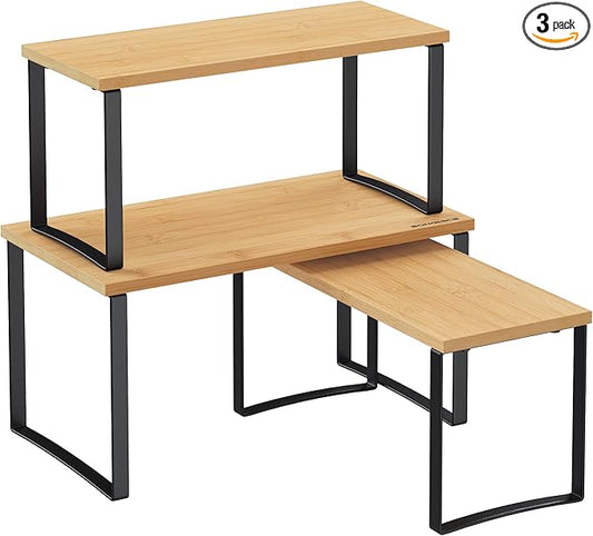 SONGMICS Cabinet Organizer Shelf, Set of 3 Kitchen Counter Shelves, Kitchen Storage, Spice Rack, Stackable, Expandable, Ink Black and Natural Beige UKCS014B01