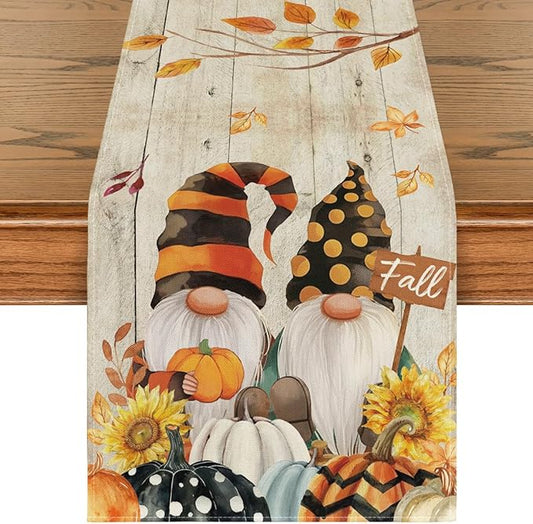 Artoid Mode Wood Gnomes Pumpkins Sunflower Maple Leaves Fall Table Runner, Kitchen Dining Table Decoration for Home Party Decor 13 x 60 Inch