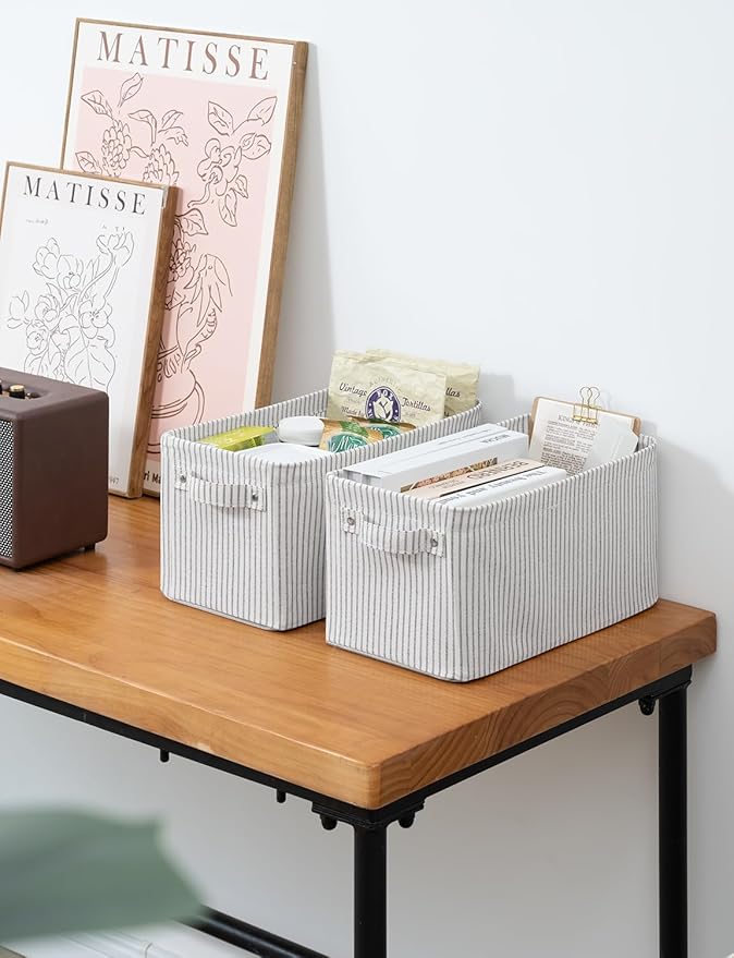 StorageWorks Narrow Storage Bins, Small Basket for Closet and Shelves, Rectangular Fabric Organizer with Handles, Toilet Paper Storage, Gray and White, 2-Pack