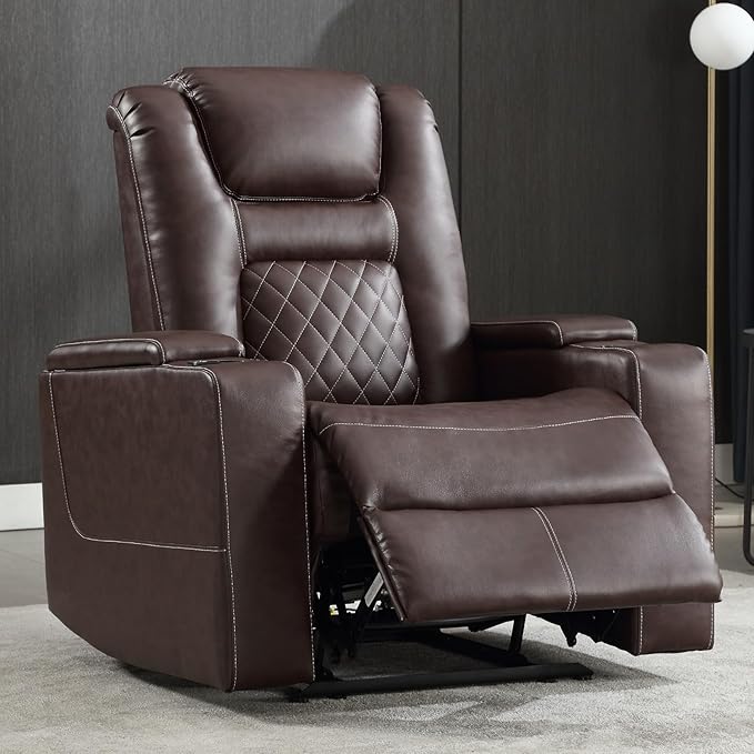 CANMOV Electric Power Recliner Chair Set of 3, Breathable Leather Home Theater Seating with Hidden Arm Storage, Power Recliner Chair with USB Ports and Cup Holders for Living Room,Red Brown