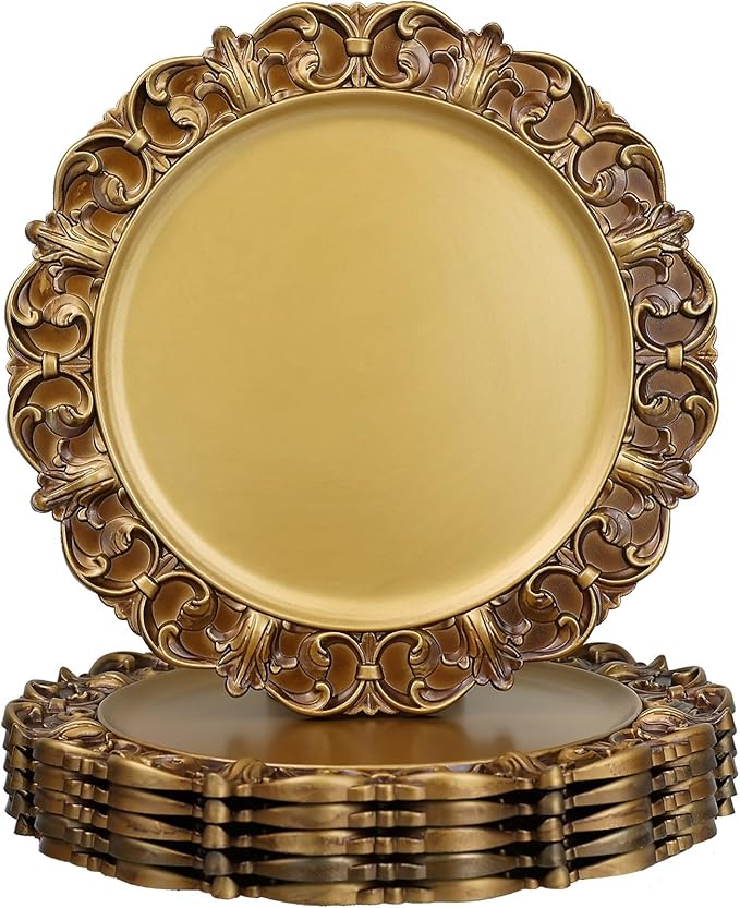 Gold Charger Plates Set of 6, Decorative Table Plastic Chargers for Dinner Plates, Party, Wedding, Thanksgiving, Christmas, 11G