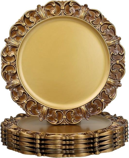 Gold Charger Plates Set of 6, Decorative Table Plastic Chargers for Dinner Plates, Party, Wedding, Thanksgiving, Christmas, 11G