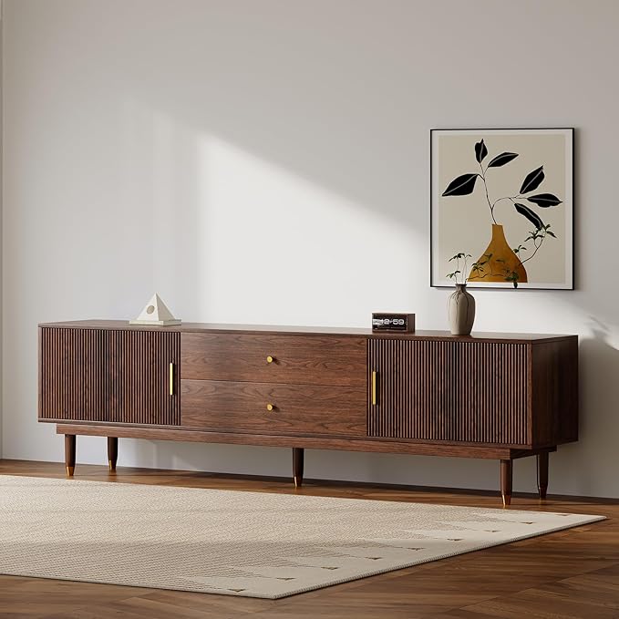 Mid Century Modern TV Stand for 75 inch TV, 78.7" Walnut TV Console with 2 Storage Cabinet & 2 Drawers, Entertainment Center, Media Console for Living Room/Bedroom
