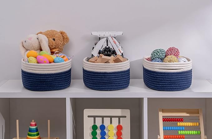 Off White&Navy Shelf Basket to Store and Organize Household Items/Baskets&Bins for Daily Storage &Organizing/Woven Rope Basket for Living Room, Bedroom,Small Oval-13x8.66x5.11’’,3 Packs