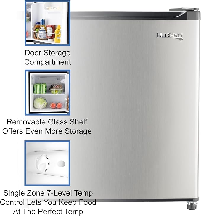 RecPro 1.7 Cu Ft 12V RV Refrigerator | Compact Fridge with Reversible Door, 2L Bottle Door Storage, 7 Temp Settings | Eco-Friendly R600A, Leveling Feet, Wire Shelf | 19.5”H x 17.5”W x 19.8”D