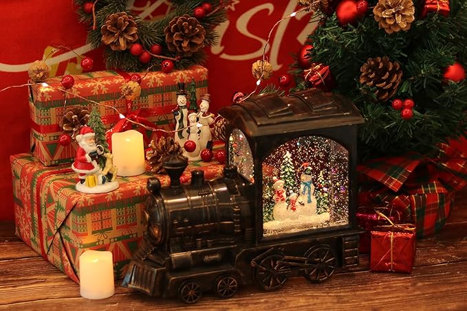 GenSwin Lighted Christmas Snow Globe Lantern, Battery Operated Snowman Musical Train LED Water Glittering with 6H Timer, Christmas Home Decoration Gift(Copper)