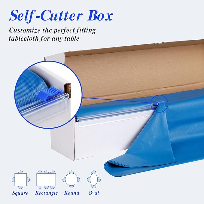 Goodluck 54 Inch X 300 Feet Plastic Table Cloths with Cutter Box, Blue Disposable Table Cover Roll, Plastic Tablecloth for Party, Banquet, Wedding, Birthday, Anniversary