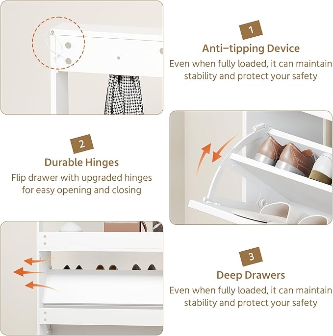 Shoe Cabinet Set of 2 with 3 Flip Drawers, Narrow Shoe Cabinet with 9 Hooks Coat Rack, Freestanding Shoes Storage Cabinets with Adjustable Shelves for Entryway, Hallway, Living Room, White