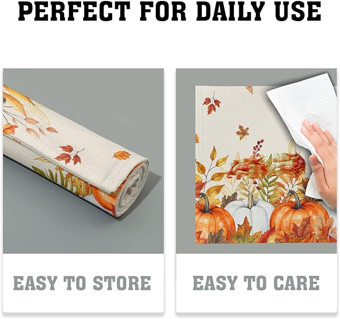 Fall Placemats Set of 4 Autumn Thanksgiving Harvest Watercolor Pumpkin Place Mats 12x18 Inch Seasonal Washable Table Mats for Party Kitchen Dining Decoration